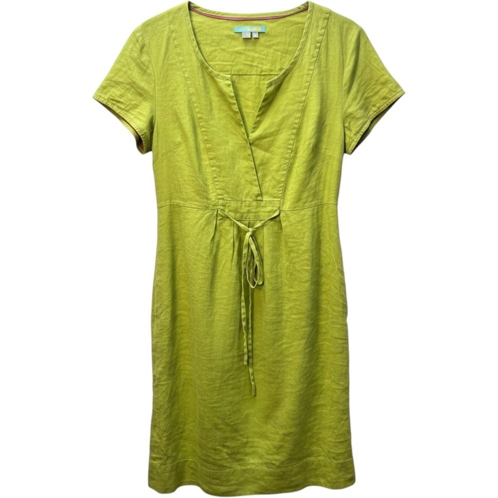 Boden Lime Green 100% Linen Short Sleeve V-Neck Drawstring Shift Dress US 8